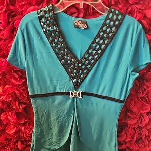 Jubi USA NEW Stylish Teal & Black V-Neck Women's Top Size Large